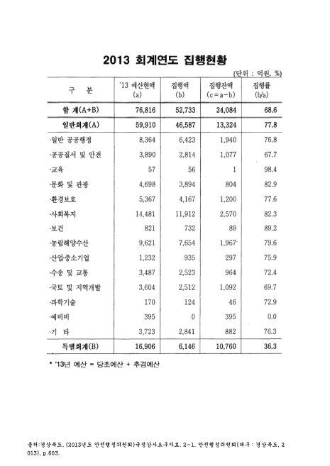 (경상북도)회계연도 집행현황. 2013. 2013 숫자표