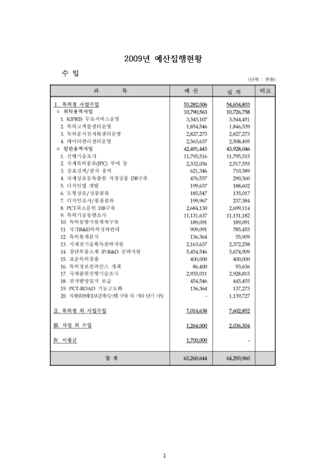(한국특허정보원)예산집행현황. 2009. 2009 숫자표