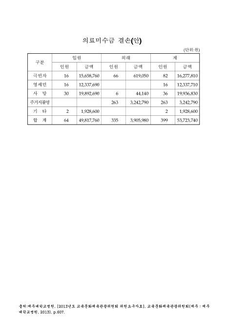 (제주대학교병원)의료미수금 결손(안). 2013 숫자표