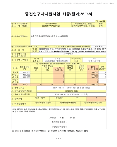 중증천식의 주요 싸이토카인인 IL-33 신호전달 조절단백질로서의 BLT2 연구 [전자자료]