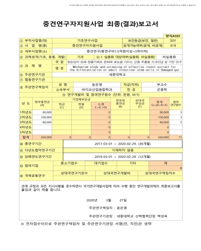 장손상시 성체 장줄기세포 분화에 효능을 가지는 곤충 추출물 스크리닝 및 기전 연구 [전자자료]