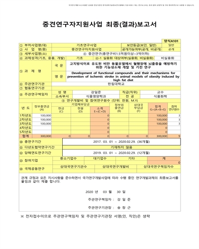 고지방식이로 유도된 비만 동물모델에서 혈행장애 뇌졸중을 예방하기 위한 기능성소재 개발 및 기전 연구 [전자자료]