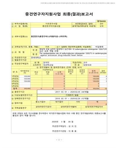 항암제 유발 심부전 발생에서 심근세포 내 sodium/glucose cotransporter 1(SGLT1)의 심근 보호 역할 규명 [전자자료]