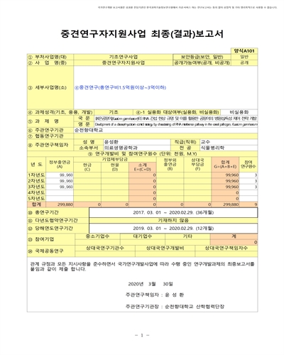붉은곰팡이(Fusarium graminearum)의 RNA 간섭 현상 규명 및 이를 활용한 곰팡이의 병원성/독성 제어 전략 개발 [전자자료]