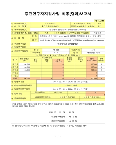 조직재생 관련인자인 15-PGDH의 대장암 간전이에 미치는 역할 규명 [전자자료]