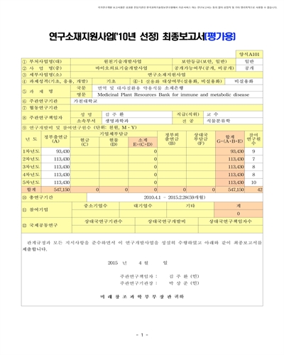 면역 및 대사질환용 약용식물 소재은행 [전자자료]