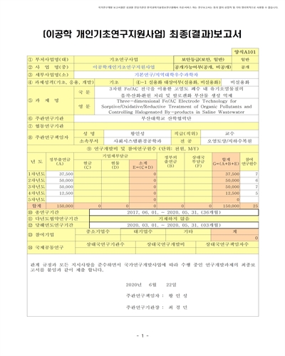 3차원 Fe/AC 전극을 이용한 고염도 폐수 내 유기오염물질의 흡착·산화·환원 처리 및 할로겐화 부산물 생성 억제 [전자자료]
