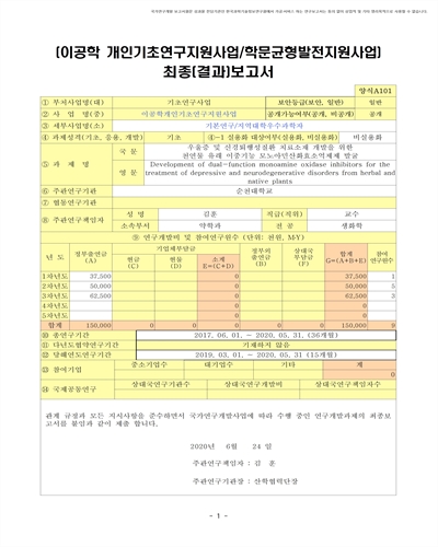 우울증 및 신경퇴행성질환 치료소재 개발을 위한 천연물 유래 이중기능 모노아민산화효소억제제 발굴 [전자자료]