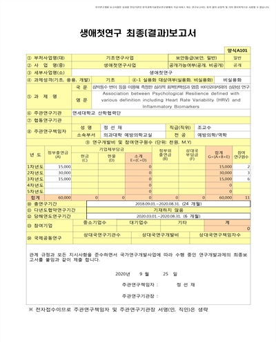 심박동수 변이 등을 이용해 측정한 심리적 회복탄력성과 염증 바이오마커와의 상관성 연구 [전자자료]