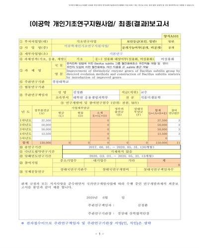 분자진화 방법에 의한 Bacillus subtilis 그룹 혈전용해효소 유전자들 개량 및 변이 유전자 도입에 의한 혈전용해능 개선 식품용 B. subtilis 종균 개발 [전자자료]