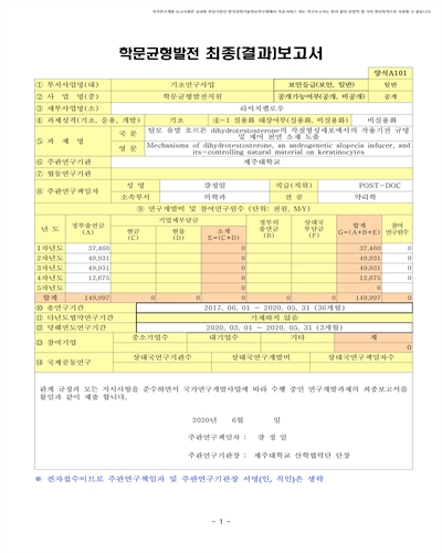탈모 유발 호르몬 dihydrotestosterone의 각질형성세포에서의 작용기전 규명 및 제어 천연 소재 도출 [전자자료]
