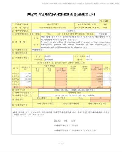 저온 상압 플라즈마와 한약물의 병용처리가 연골세포의 세포자멸사 억제와 재분화에 미치는 영향에 관한 연구 [전자자료]