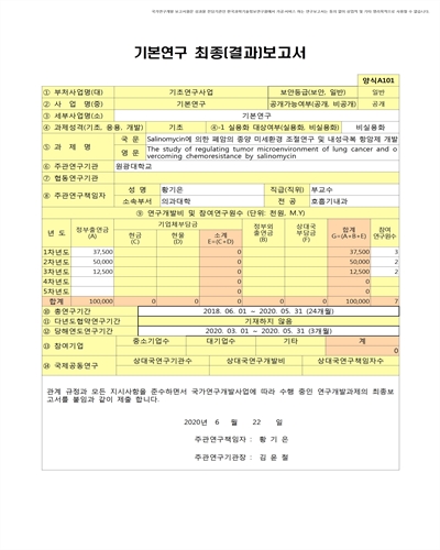 Salinomycin에 의한 폐암의 종양 미세환경 조절연구 및 내성극복 항암제 개발 [전자자료]