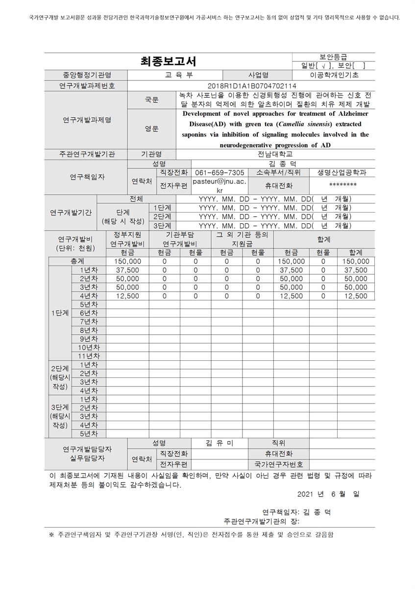 녹차 사포닌을 이용한 신경퇴행성 진행에 관여하는 신호 전달 분자의 억제에 의한 알츠하이머 질환의 치유 제제 개발 [전자자료]