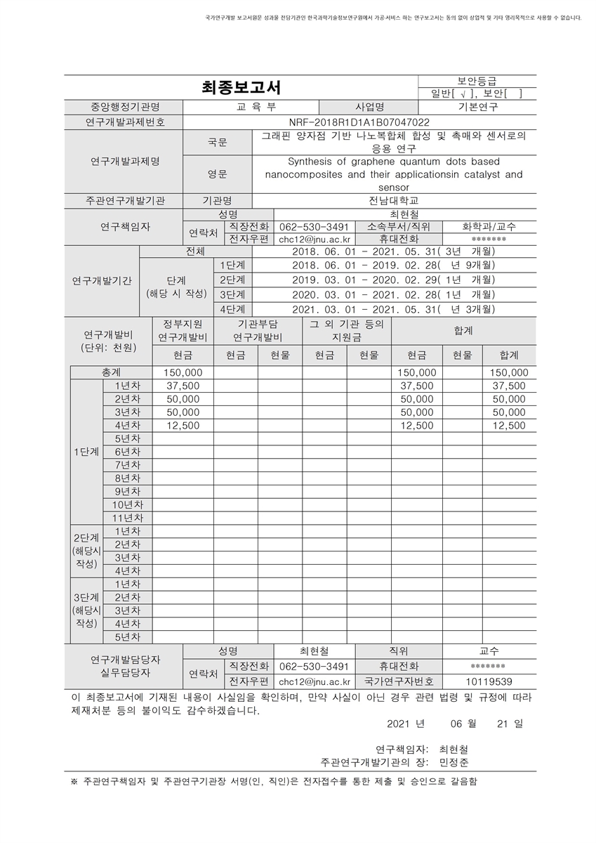 그래핀 양자점 기반 나노복합체 합성 및 촉매와 센서로의 응용 연구 [전자자료]