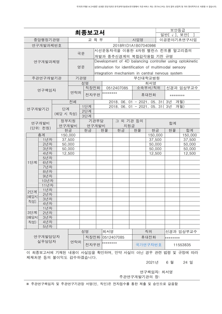 시선운동자극을 이용한 4차원 밸런스 컨트롤 알고리즘의 개발과 중추신경계의 복합감각융합 기전 규명 [전자자료]