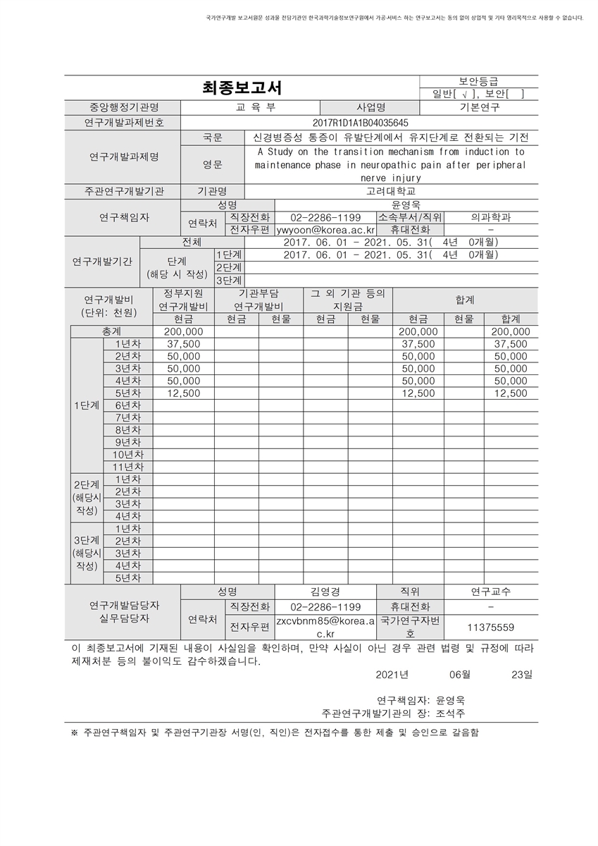 신경병증성 통증이 유발단계에서 유지단계로 전환되는 기전 [전자자료]