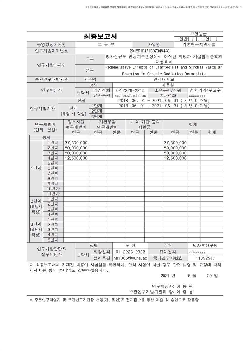 방사선유도 만성피부손상에서 이식된 지방과 기질혈관분획의 재생효과 [전자자료]