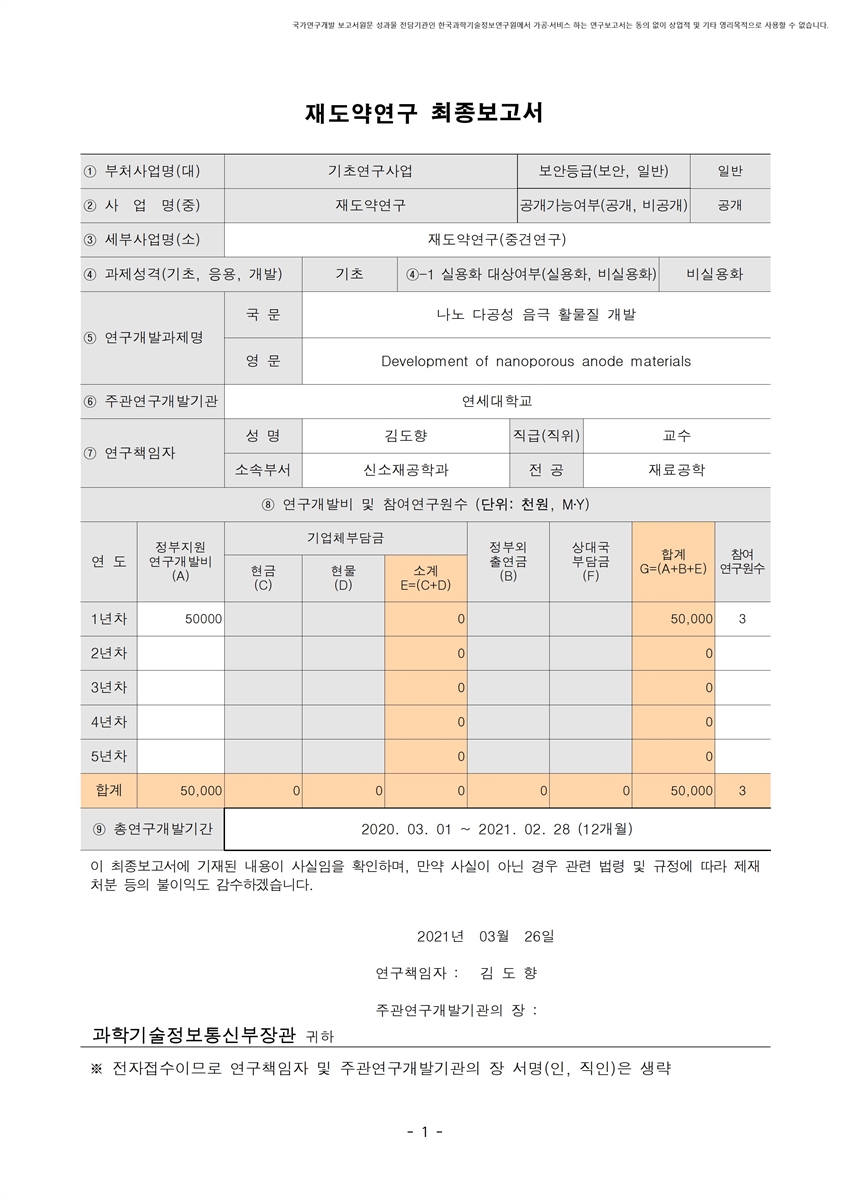 나노 다공성 음극 활물질 개발 [전자자료]