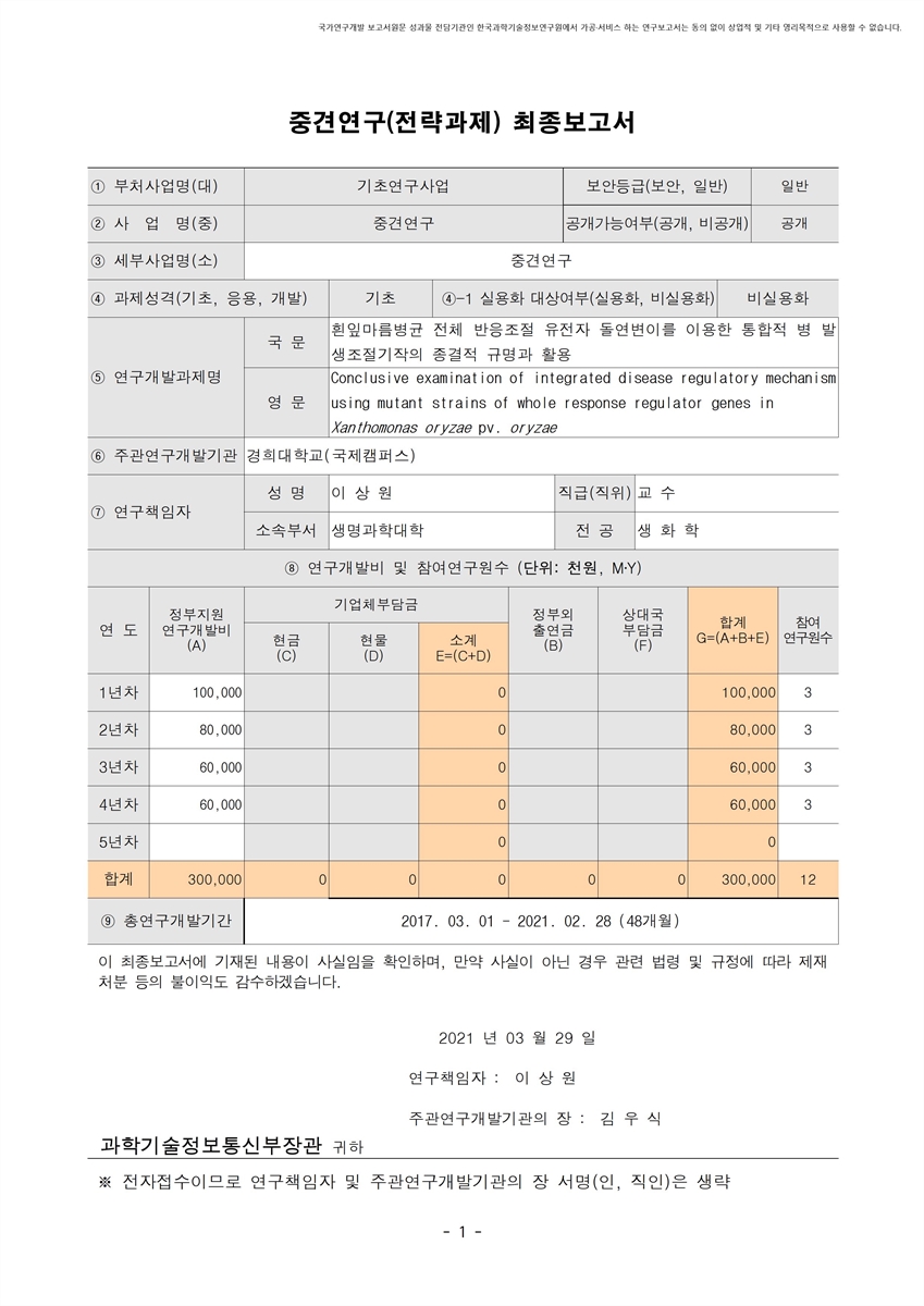 흰잎마름병균 전체 반응조절 유전자 돌연변이를 이용한 통합적 병 발생조절기작의 종결적 규명과 활용 [전자자료]