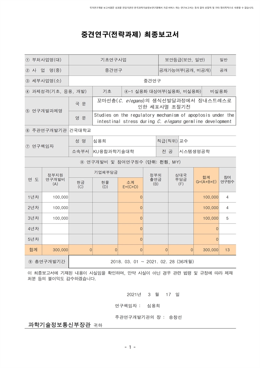 꼬마선충(C. elegans)의 생식선발달과정에서 장내스트레스로 인한 세포사멸 조절기전 [전자자료]