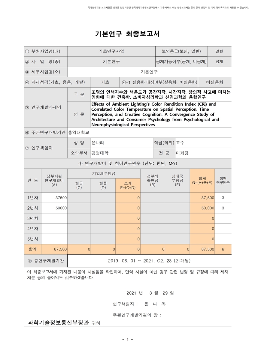 조명의 연색지수와 색온도가 공간지각, 시간지각, 창의적 사고에 미치는 영향에 대한 건축학, 소비자심리학과 신경과학의 융합연구 [전자자료]