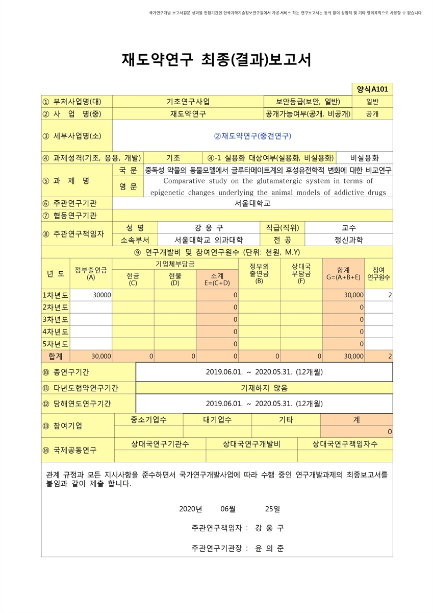 중독성 약물의 동물모델에서 글루타메이트계의 후성유전학적 변화에 대한 비교 연구 [전자자료]