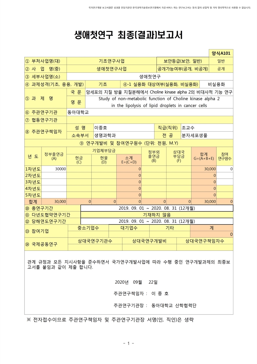 암세포의 지질 방울 지질분해에서 Choline kinase alpha 2의 비대사적 기능 연구 [전자자료]