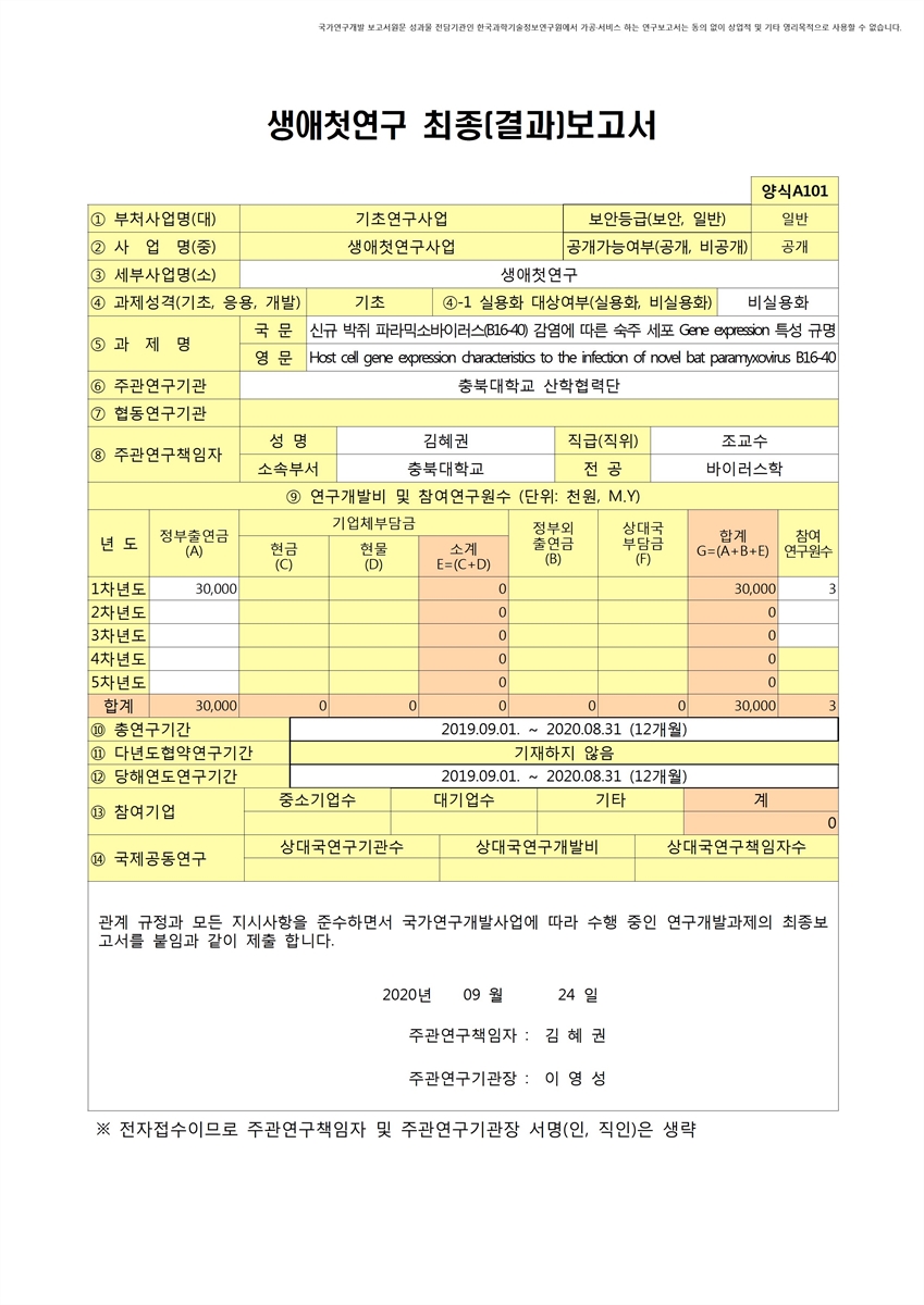 신규 박쥐 파라믹소바이러스(B16-40) 감염에 따른 숙주 세포 Gene expression 특성 규명 [전자자료]