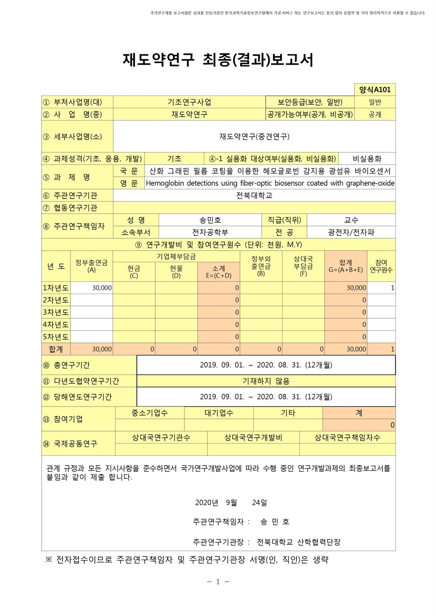 산화 그래핀 필름 코팅을 이용한 헤모글로빈 감지용 광섬유 바이오센서 [전자자료]