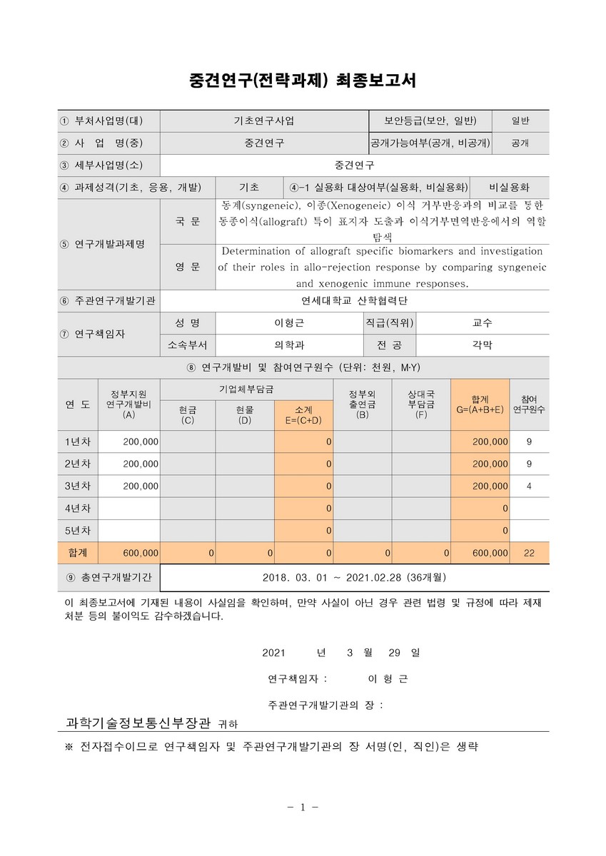 동계(syngeneic), 이종(Xenogeneic) 이식 거부반응과의 비교를 통한 동종이식(allograft) 특이 표지자 도출과 이식거부면역반응에서의 역할 탐색 [전자자료]