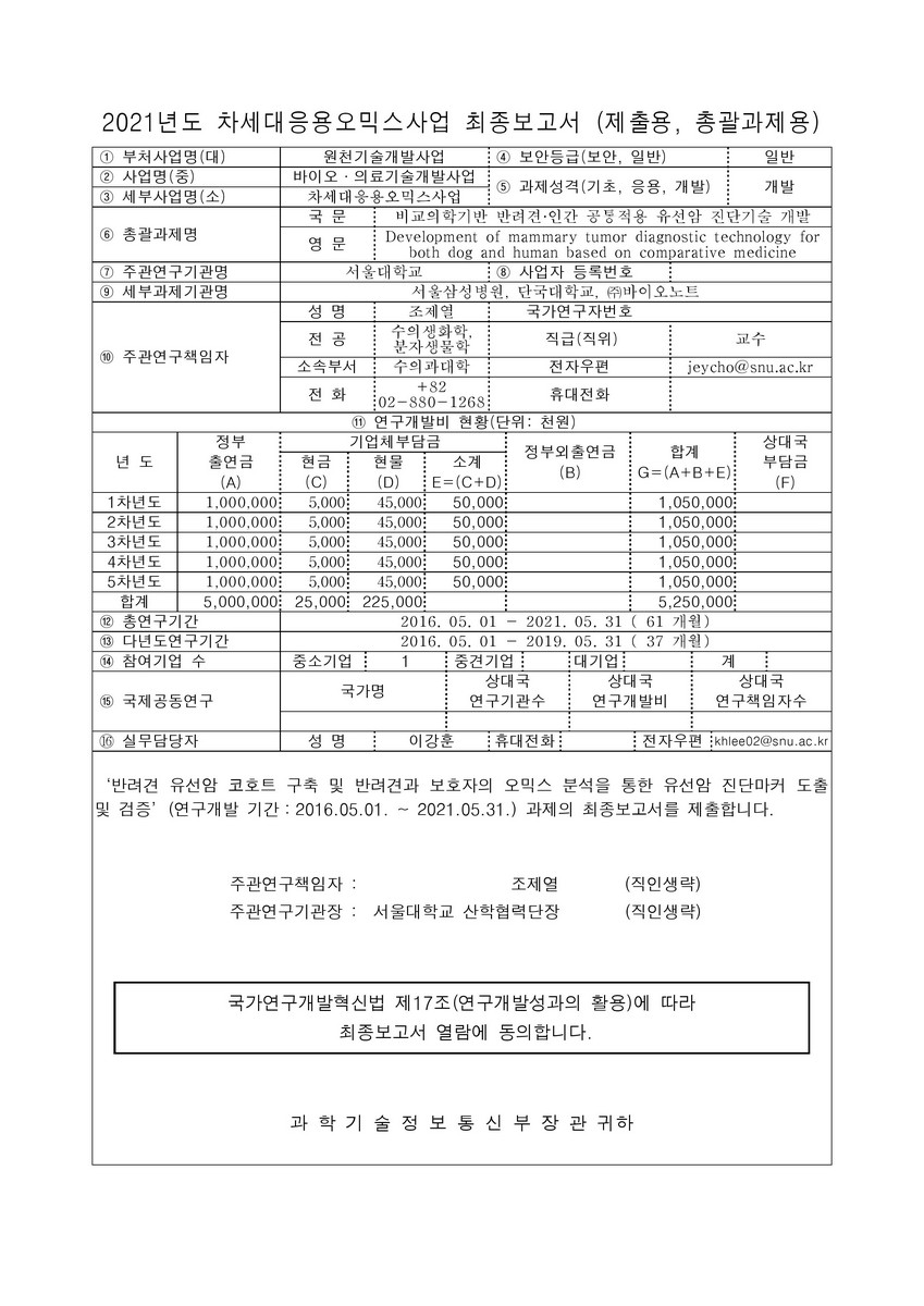 비교의학기반 반려견·인간 공통적용 유선암 진단기술 개발 [전자자료]