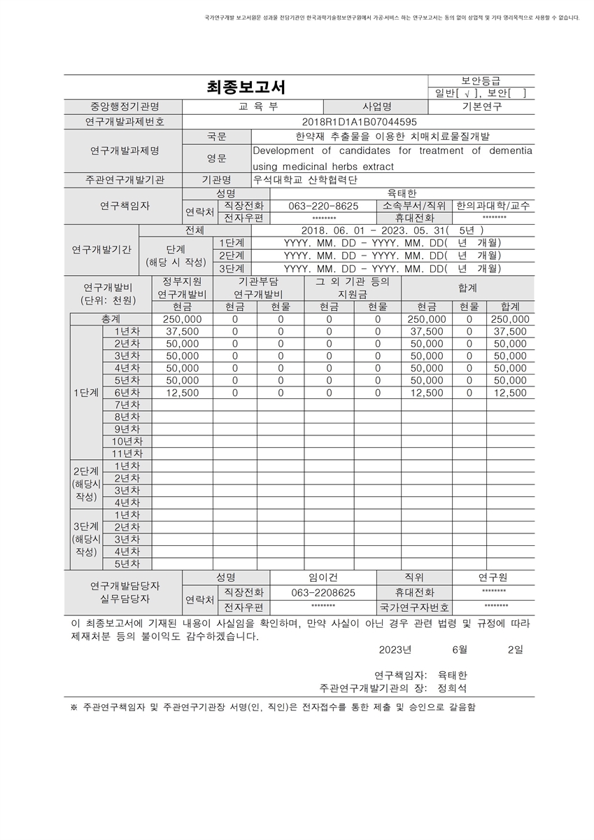 한약재 추출물을 이용한 치매치료물질개발 [전자자료]