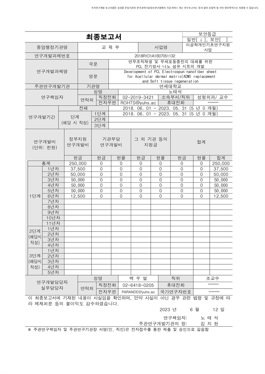 연부조직재생 및 무세포동종진피 대체를 위한PCL 전기방사 나노 섬유 시트의 개발 [전자자료]