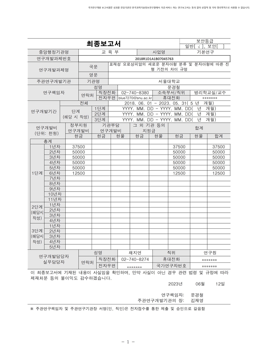 표재성 요로상피암의 새로운 분자아형 분류 및 분자아형에 따른 진행 기전의 차이 규명 [전자자료]