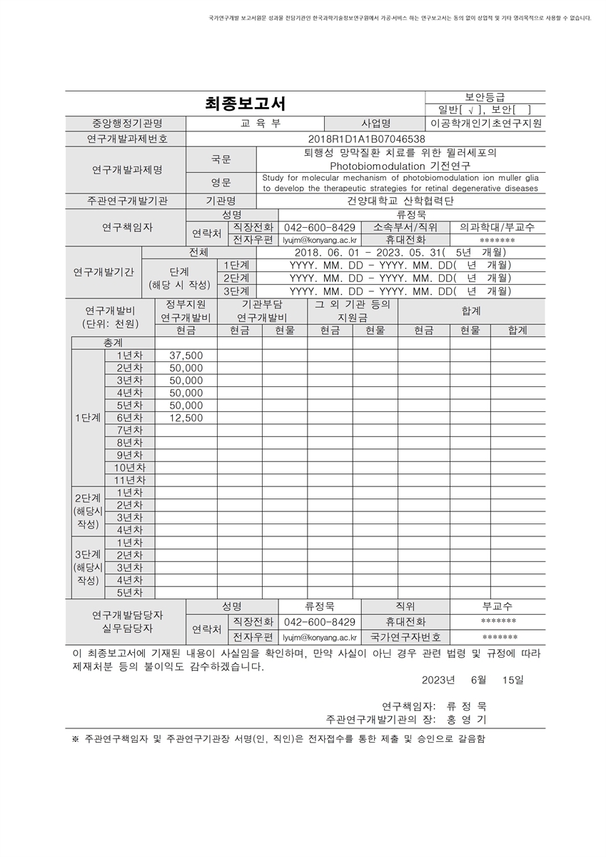 퇴행성 망막질환 치료를 위한 뮐러세포의 Photobiomodulation 기전 연구 [전자자료]