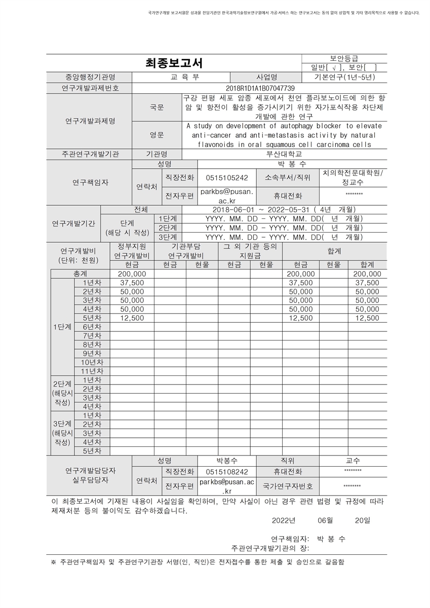 구강 편평 세포 암종 세포에서 천연 플라보노이드에 의한 항암 및 항 전이 활성을 증가시키기위한 자가포식작용 차단제 개발에 관한 연구 [전자자료]