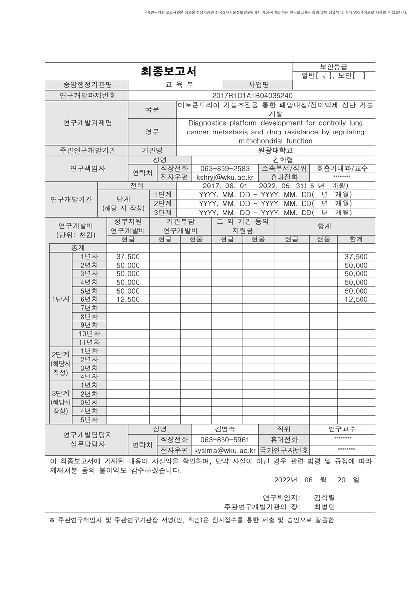 미토콘드리아 기능조절을 통한 폐암내성/전이억제 진단 기술 개발 [전자자료]