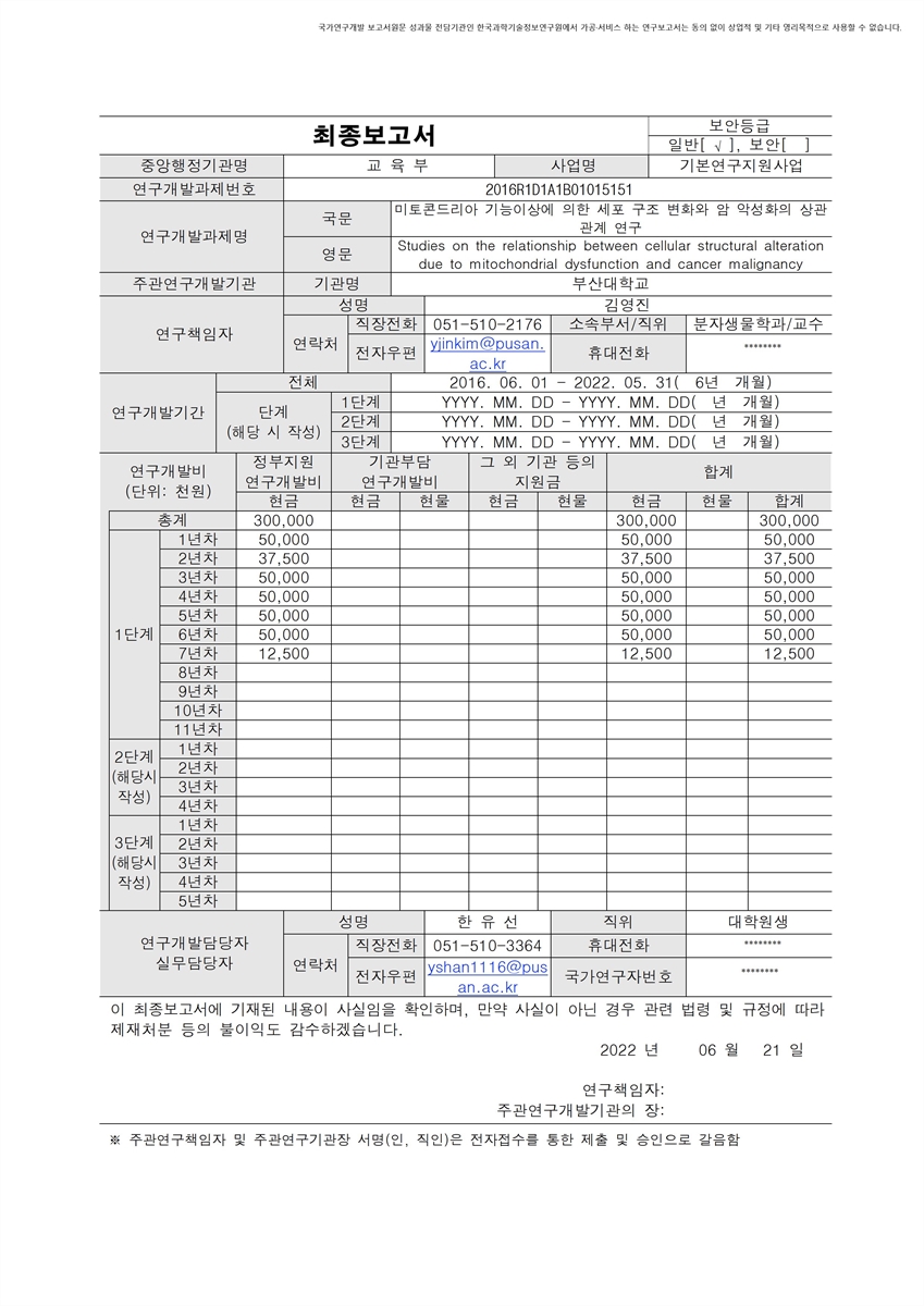 미토콘드리아 기능이상에 의한 세포 구조 변화와 암 악성화의 상관관계 연구 [전자자료]
