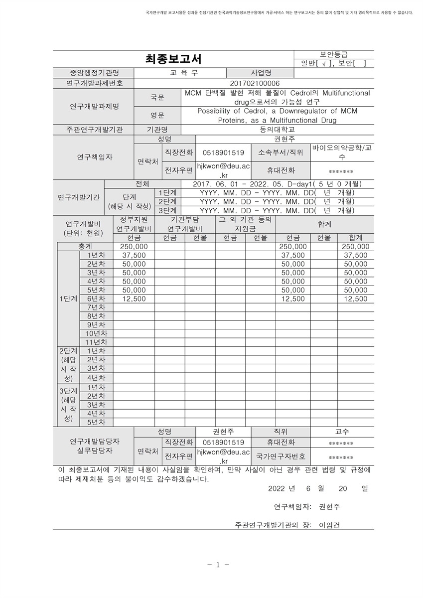 MCM 단백질 발현 저해 물질이 Cedrol의 Multifunctional drug으로서의 가능성 연구 [전자자료]