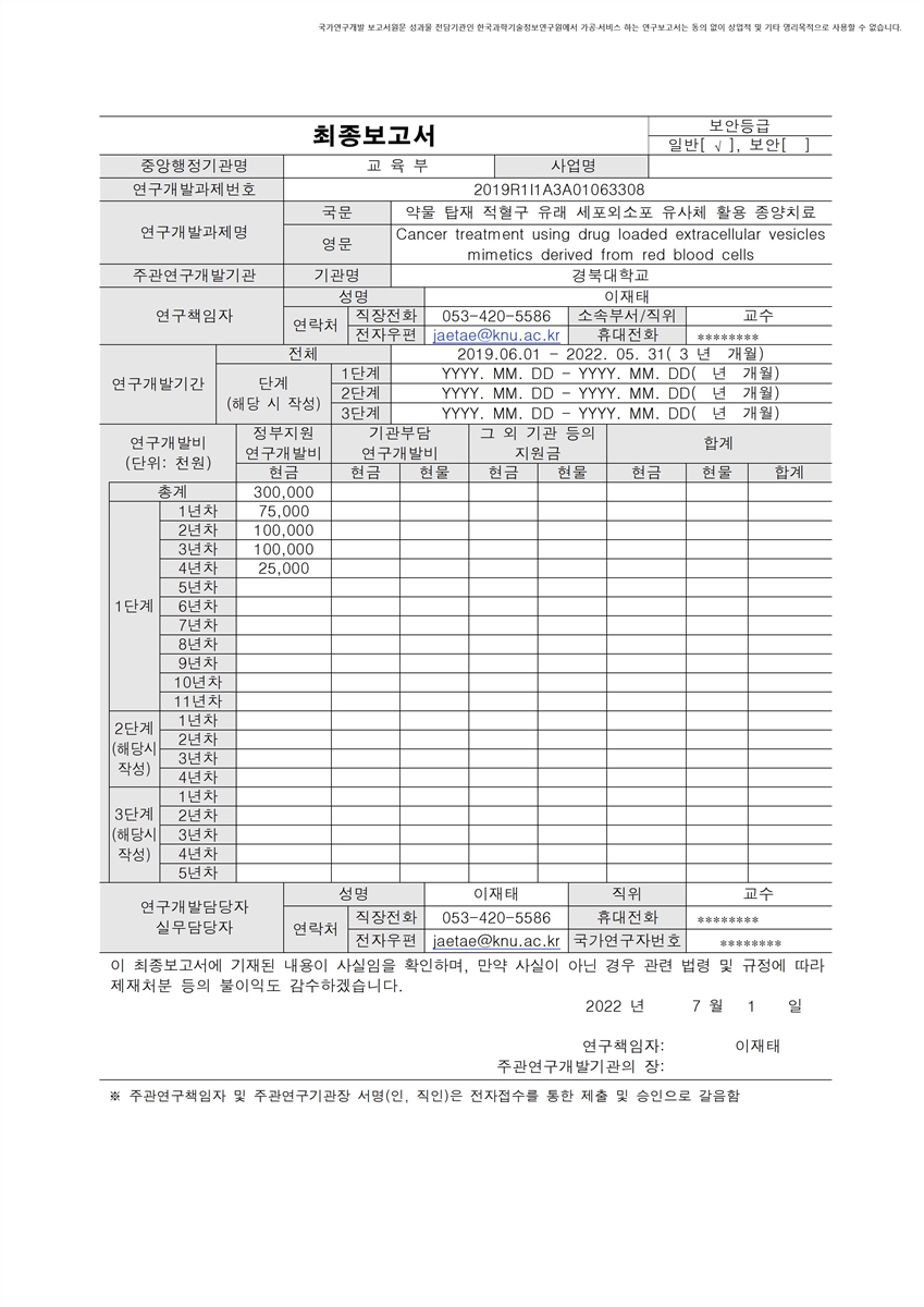 약물 탑재 적혈구 유래 세포외소포 유사체 활용 종양치료 [전자자료]