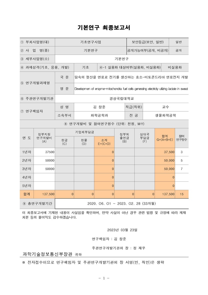 땀속의 젖산을 연료로 전기를 생산하는 효소-미토콘드리아 연료전지 개발 [전자자료]