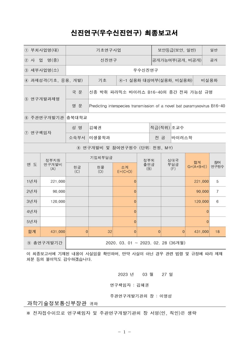 신종 박쥐 파라믹소 바이러스 B16-40의 종간 전파 가능성 규명 [전자자료]