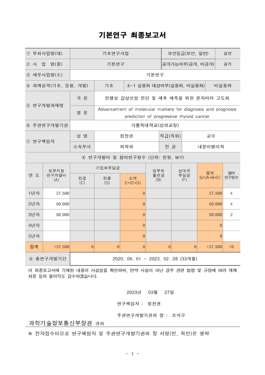 진행성 갑상선암 진단 및 예후 예측을 위한 분자마커 고도화 [전자자료]