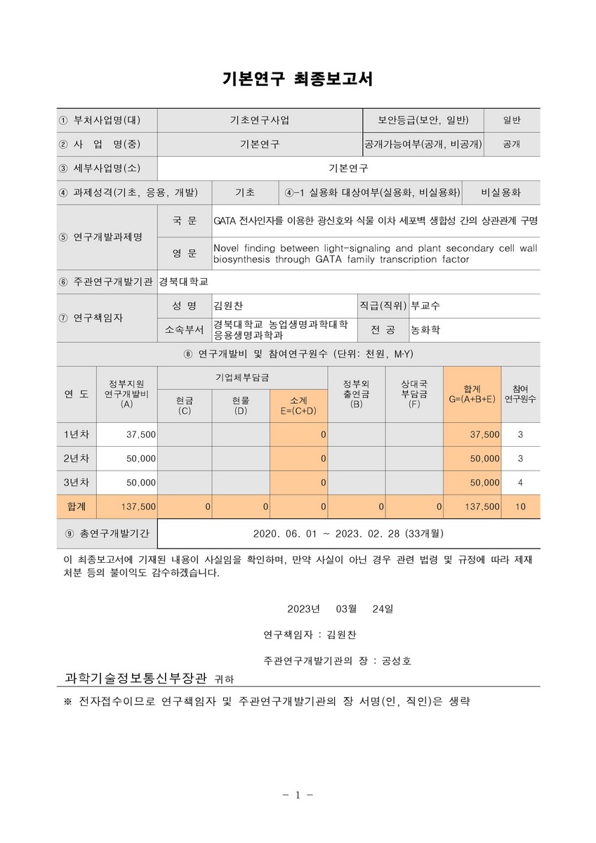 GATA 전사인자를 이용한 광신호와 식물 이차 세포벽 생합성 간의 상관관계 구명 [전자자료]