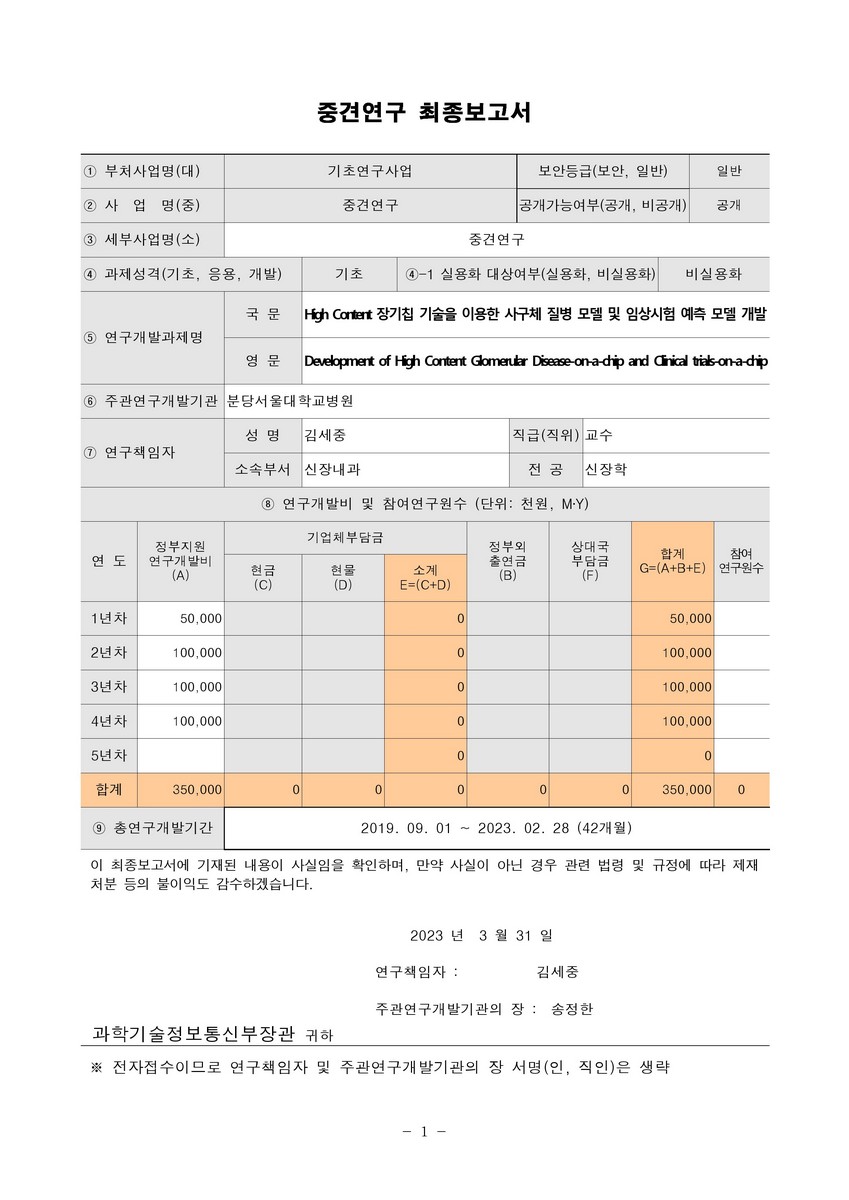 High Content 장기칩 기술을 이용한 사구체 질병 모델 및 임상시험 예측 모델 개발 [전자자료]