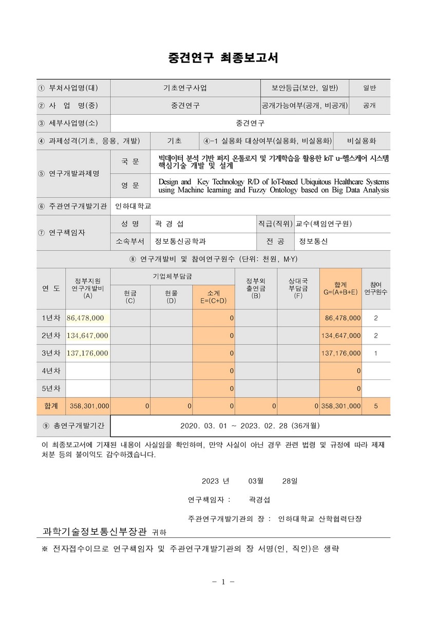 빅데이터 분석 기반 퍼지 온톨로지 및 기계학습을 활용한 IoT u-헬스케어 시스템 핵심기술 개발 및 설계 [전자자료]