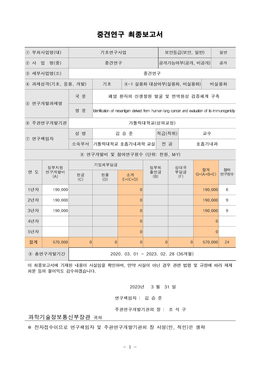 폐암 환자의 신생항원 발굴 및 면역원성 검증체계 구축 [전자자료]