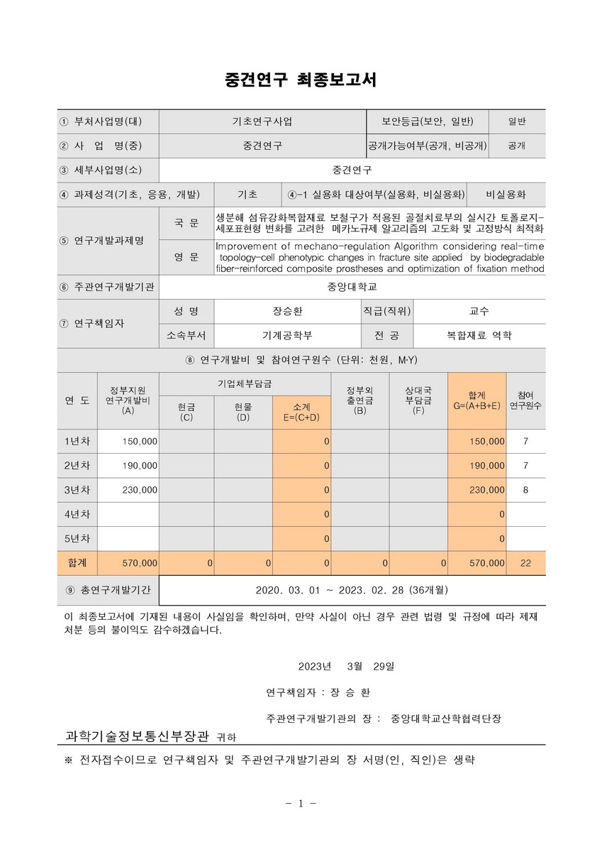 생분해 섬유강화복합재료 보철구가 적용된 골절치료부의 실시간 토폴로지-세포표현형 변화를 고려한 메카노규제 알고리즘의 고도화 및 고정방식 최적화 [전자자료]
