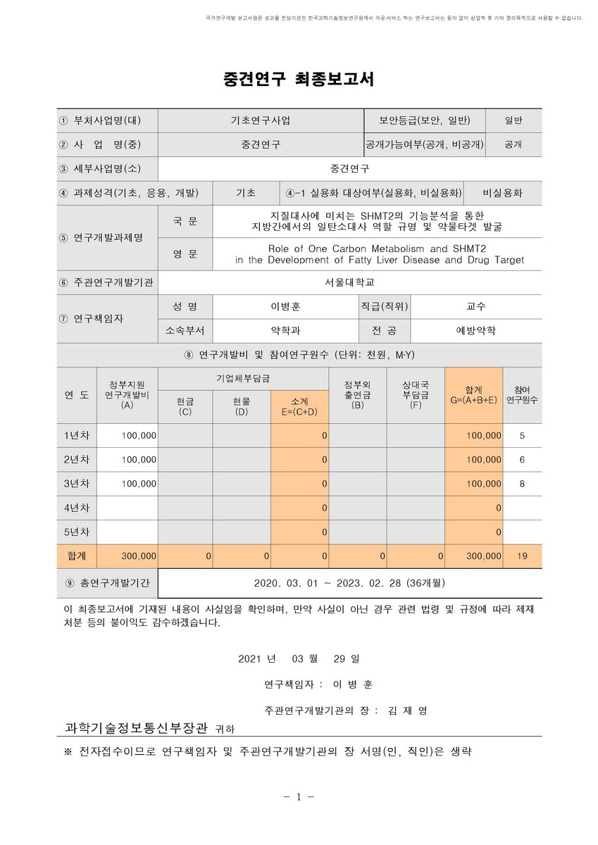 지질대사에 미치는 SHMT2의 기능분석을 통한 지방간에서의 일탄소대사 역할 규명 및 약물타겟 발굴 [전자자료]
